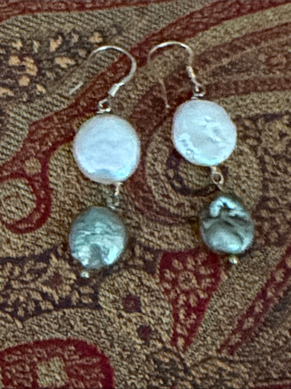 Freshwater coin pearls white and blue green pierced Earrings Sterling silver